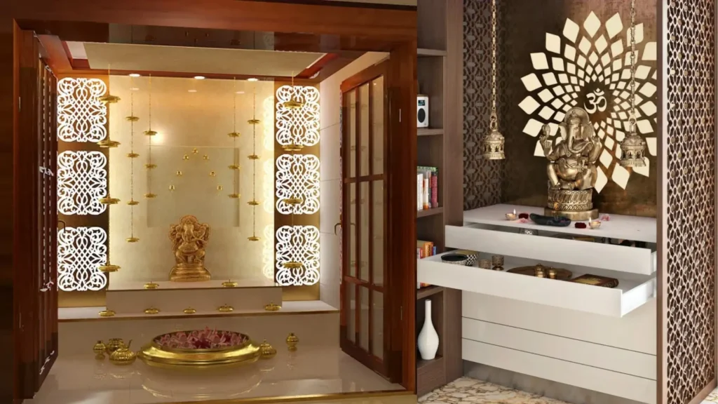 Screens of jallis with decorations-9 decor ideas for a beautiful pooja room for Indian houses.-By live love laugh
