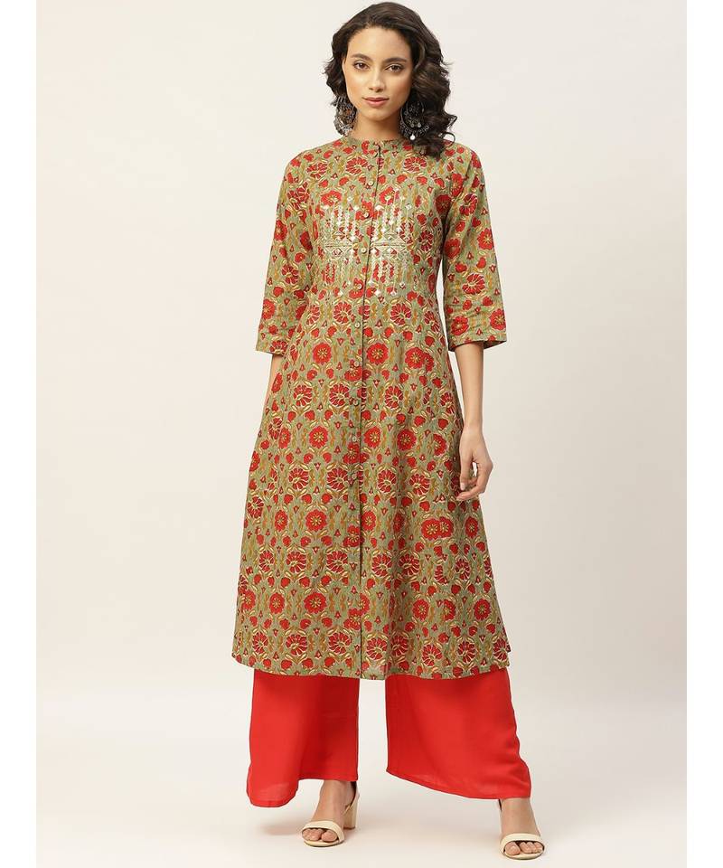 Front -slit floral kurta.-9 Ladies kurta designs for new fashion.-By live love laugh
